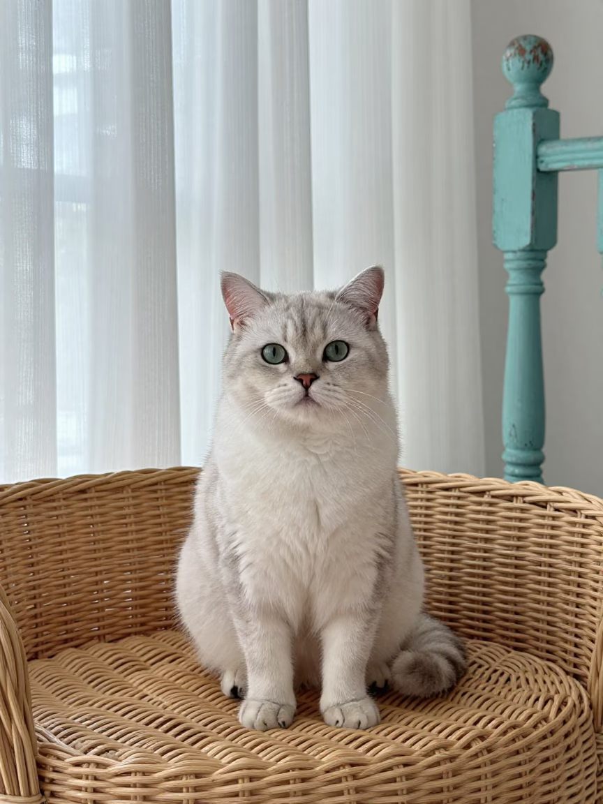 British Shorthair Cat Portrait on Lombok Sofa in on a sofa near a curtained window with calm indoor light in Lombok