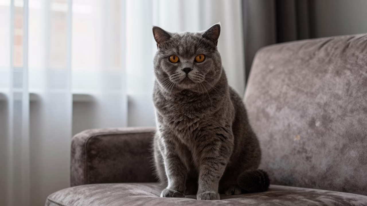 British Shorthair Cat Portrait on Sofa Near Window in on a sofa near a curtained window with calm indoor light in Bristol
