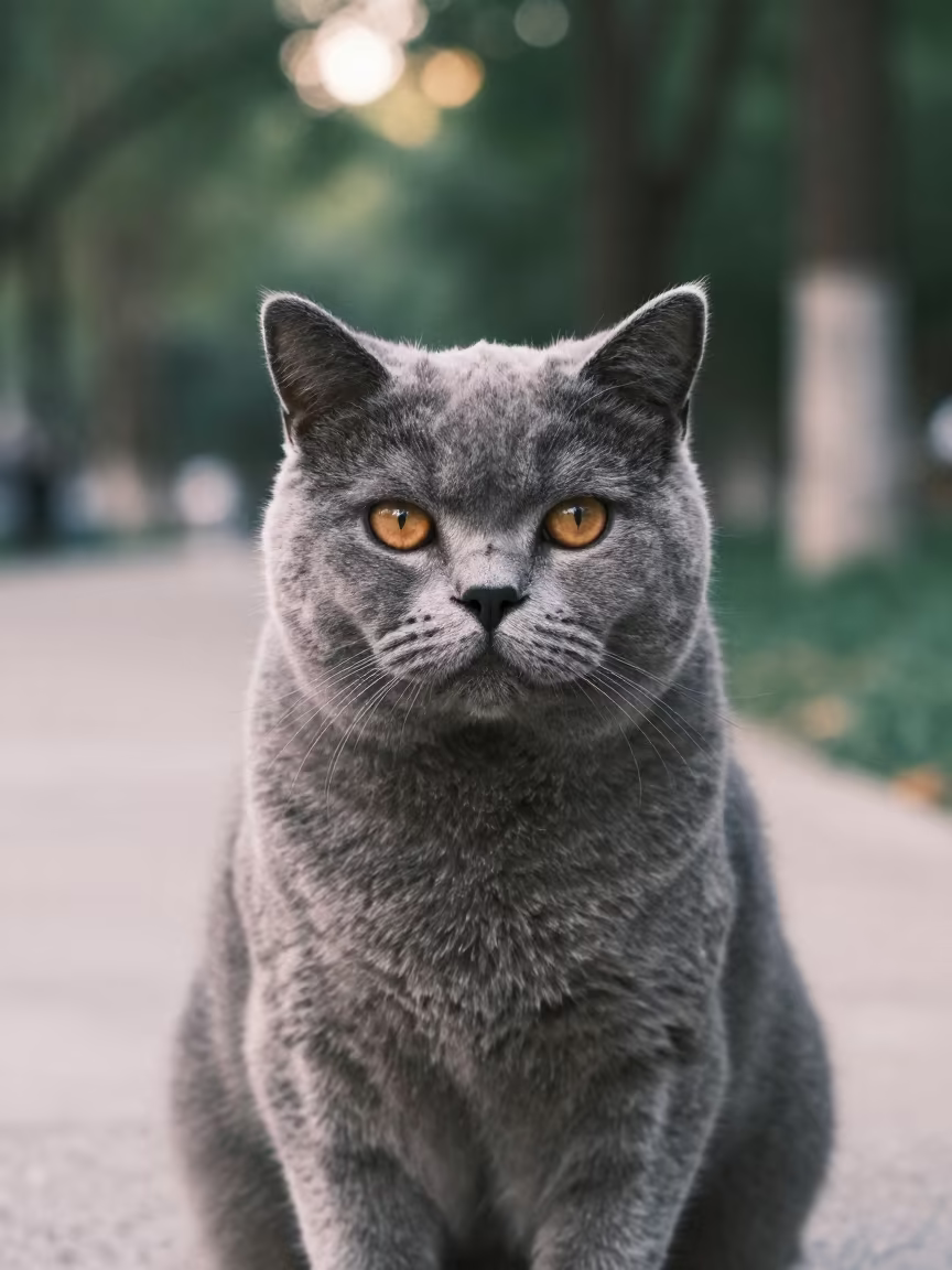British Shorthair Portrait in Podgorica Park Shade in along a quiet park path with soft open shade and a clean background in Podgorica