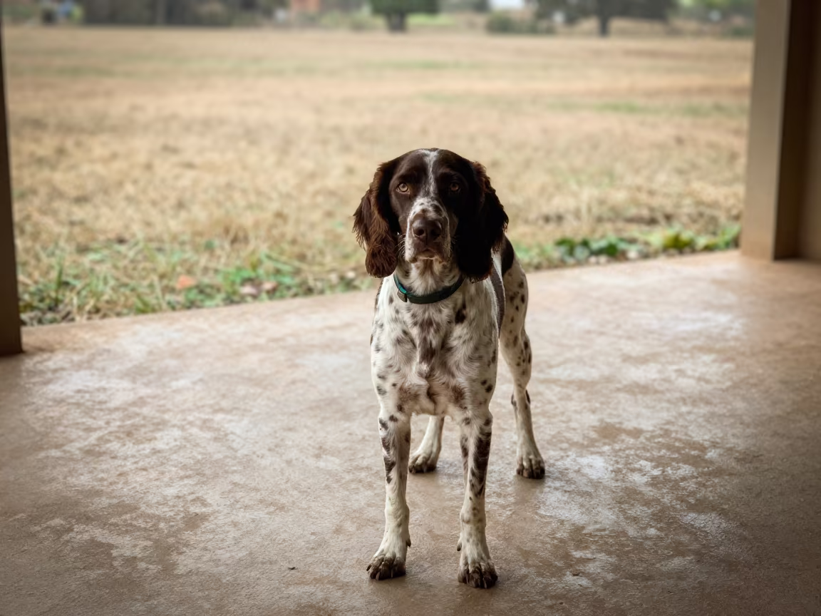 Brittany Spaniel Porch Portrait Garoua in near a garden edge with soft morning light and an uncluttered background in Garoua