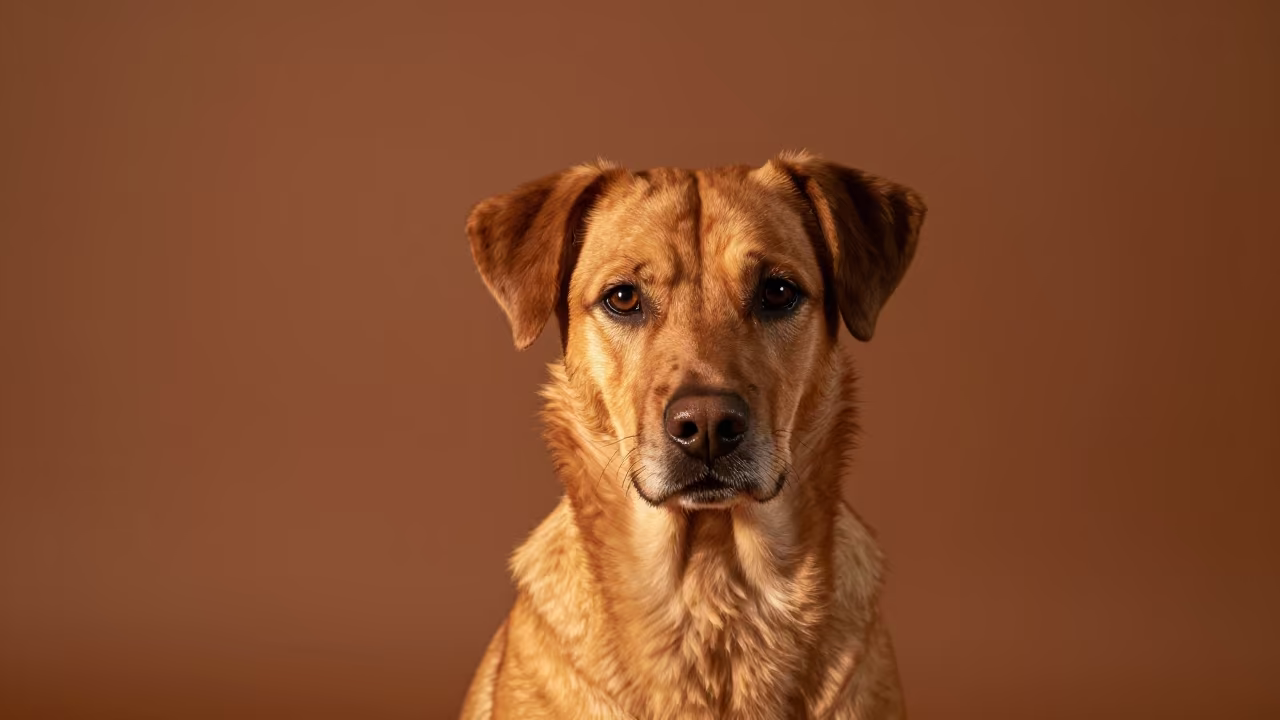 Brittany Spaniel Portrait in Amber Studio Light in in a quiet portrait studio with a plain backdrop and eye-level framing in Willemstad