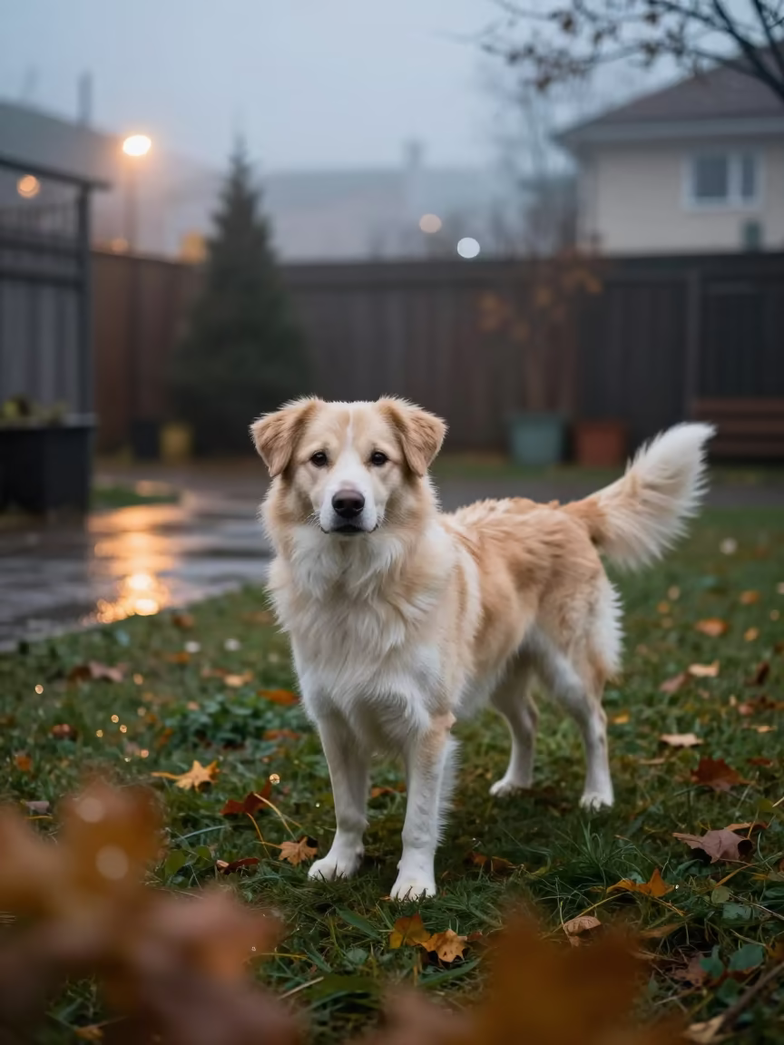 Brittany Spaniel Portrait in Milan Yard Fog in in a small yard with clipped grass, calm light, and the animal centered in frame in Milan