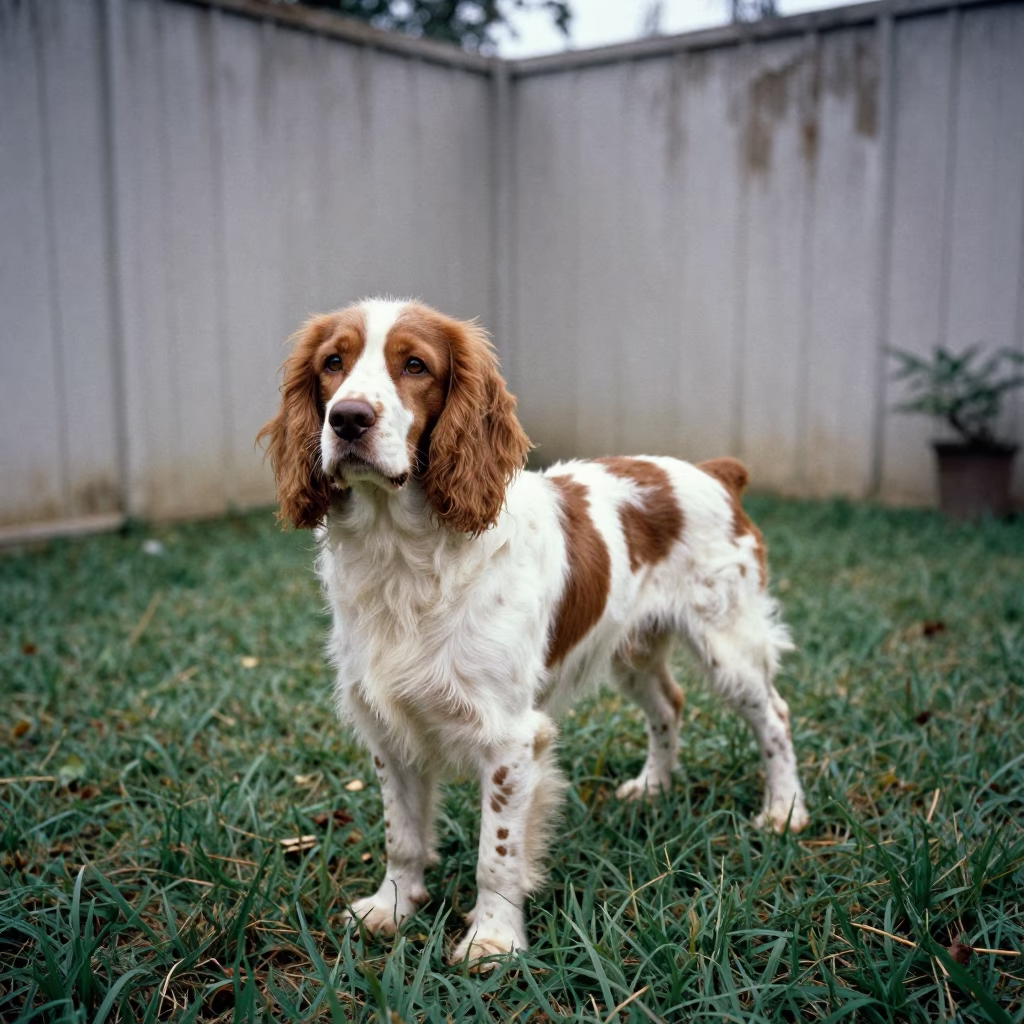 Brittany Spaniel Portrait in Oviedo Yard in in a small yard with clipped grass, calm light, and the animal centered in frame in Oviedo