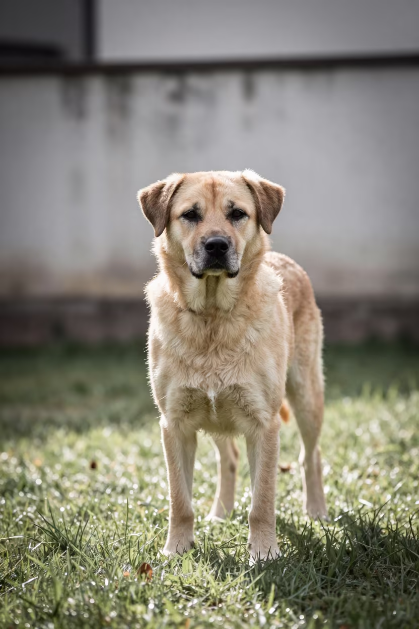 Brittany Spaniel Portrait in Rawalpindi Yard in in a small yard with clipped grass, calm light, and the animal centered in frame in Rawalpindi