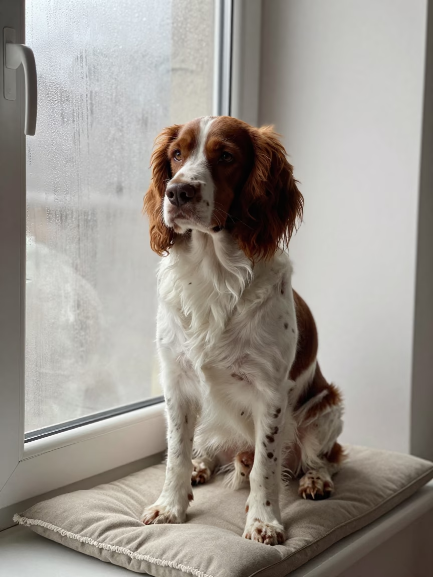 Brittany Spaniel Portrait on Musoma Window Seat in on a cushioned window seat with soft side light and an uncluttered background in Musoma