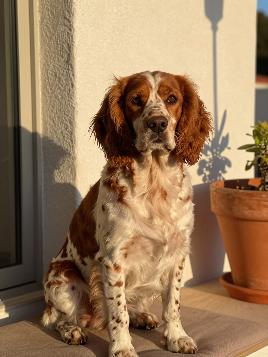 Brittany Spaniel Portrait on Window Seat in on a cushioned window seat with soft side light and an uncluttered background near Messina