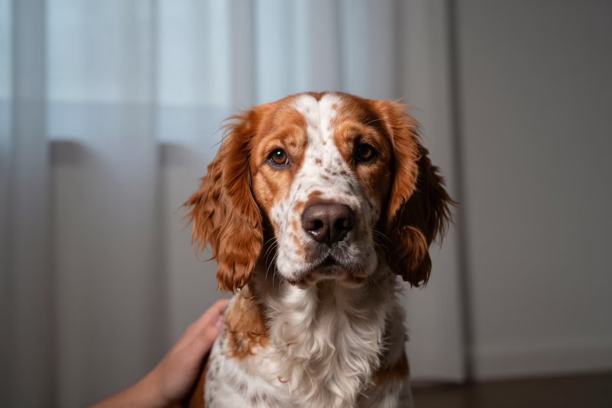Brittany Spaniel Portrait with Distinctive Coat Texture in in a quiet portrait studio with a plain backdrop and eye-level framing near Pinar del Río