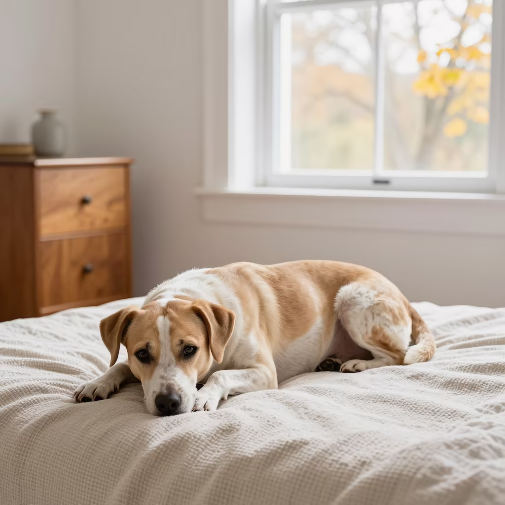Brittany Spaniel Resting on Bedspread in on a bedspread near a bright window with calm indoor light near Changchun