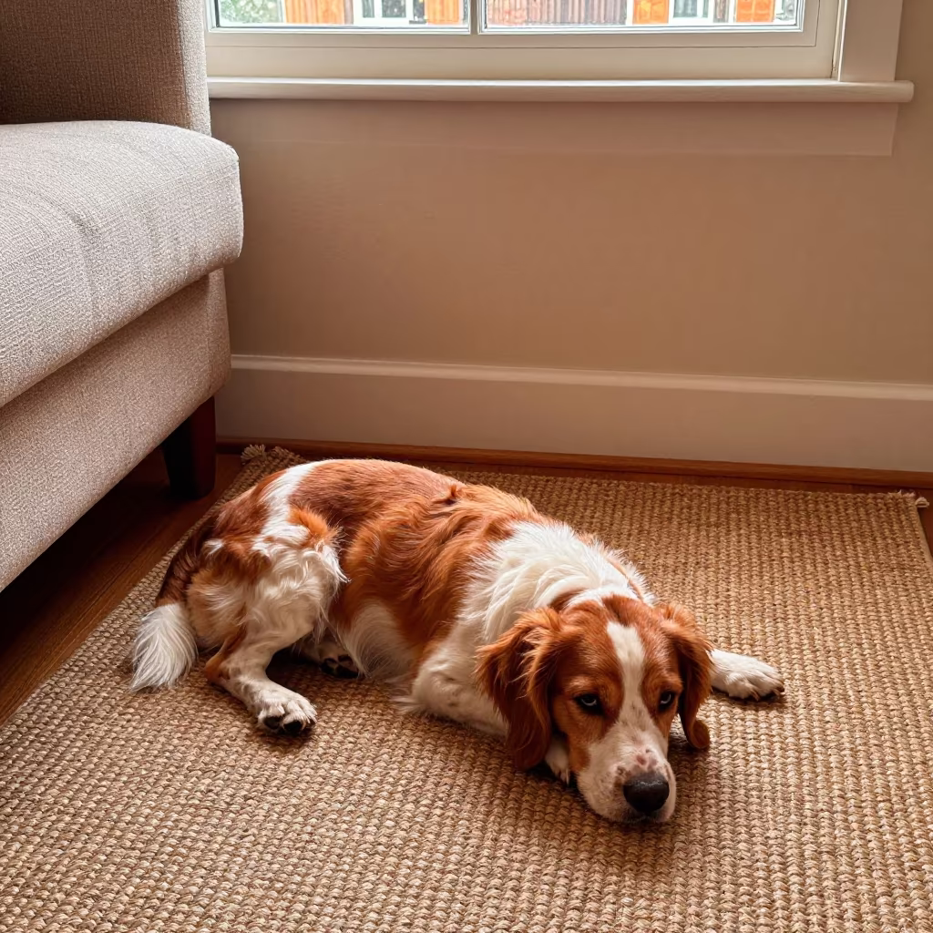 Brittany Spaniel Resting on Woven Rug in Adana Home in on a woven rug beside a low couch and an uncluttered wall near Adana