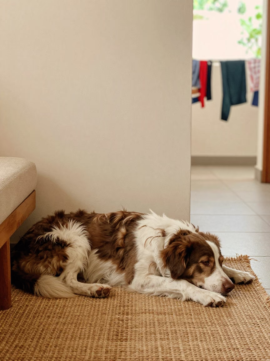 Brittany Spaniel Resting on Woven Rug in Libreville Home in on a woven rug beside a low couch and an uncluttered wall in Libreville