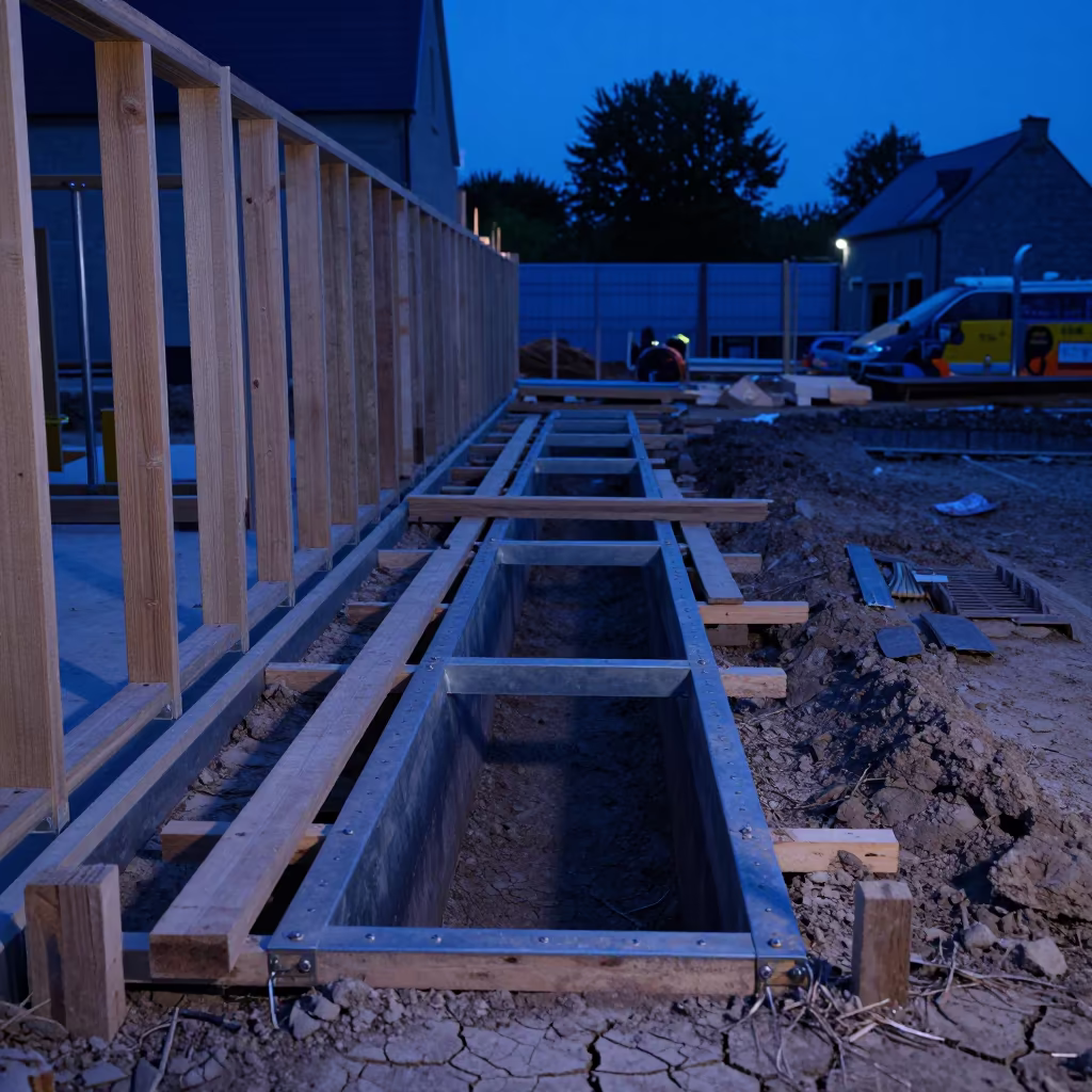 Brittany Trench Shoring Under Indigo Twilight in beside a framed building shell in Brittany