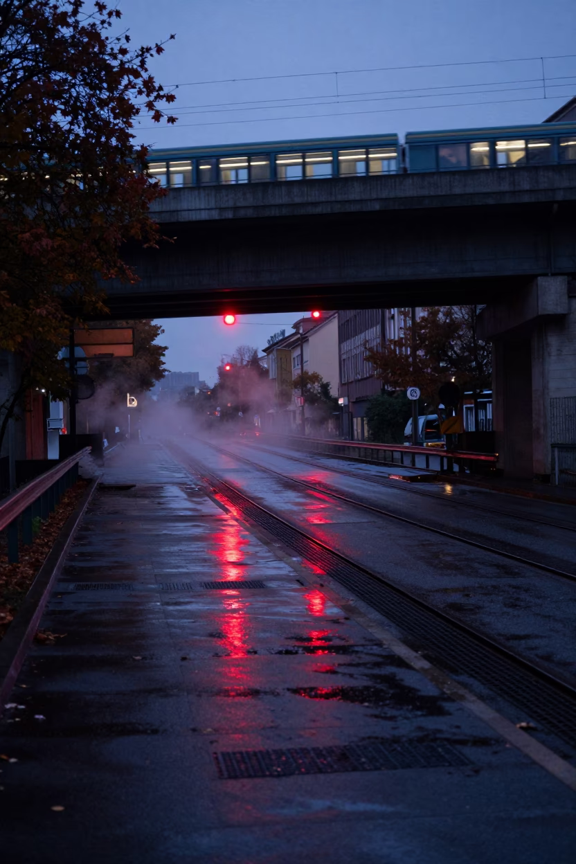 Brno Overpass Twilight Wet Pavement Brake Light Reflections in under an elevated train line in Brno
