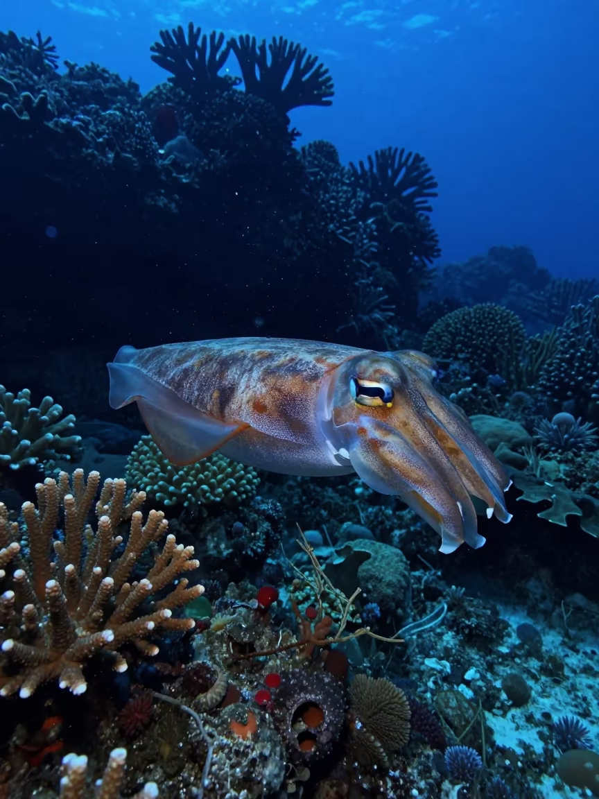 Broadclub Cuttlefish Over Coral Garden at Twilight in beside a volcanic reef overhang near Cebu