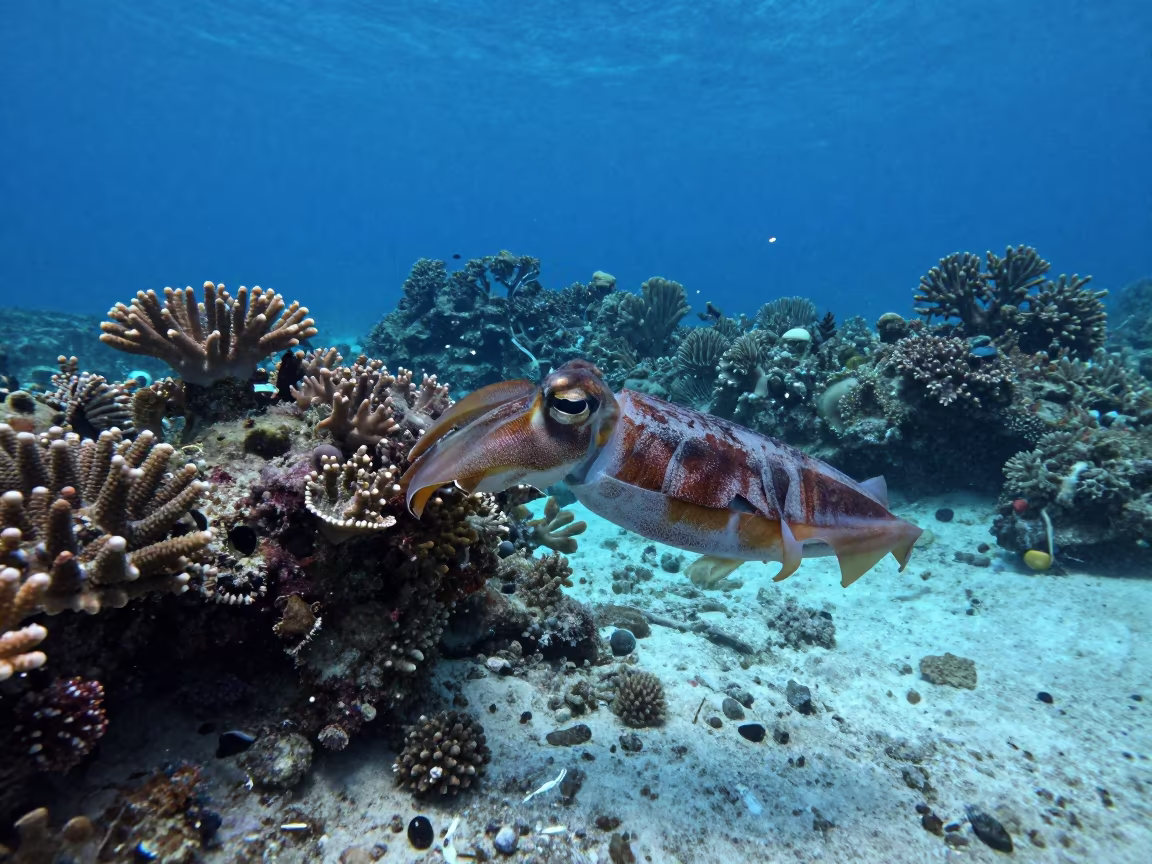 Broadclub Cuttlefish Twilight Coral Garden Belize in beside a reef crevice under clear water near Belize City