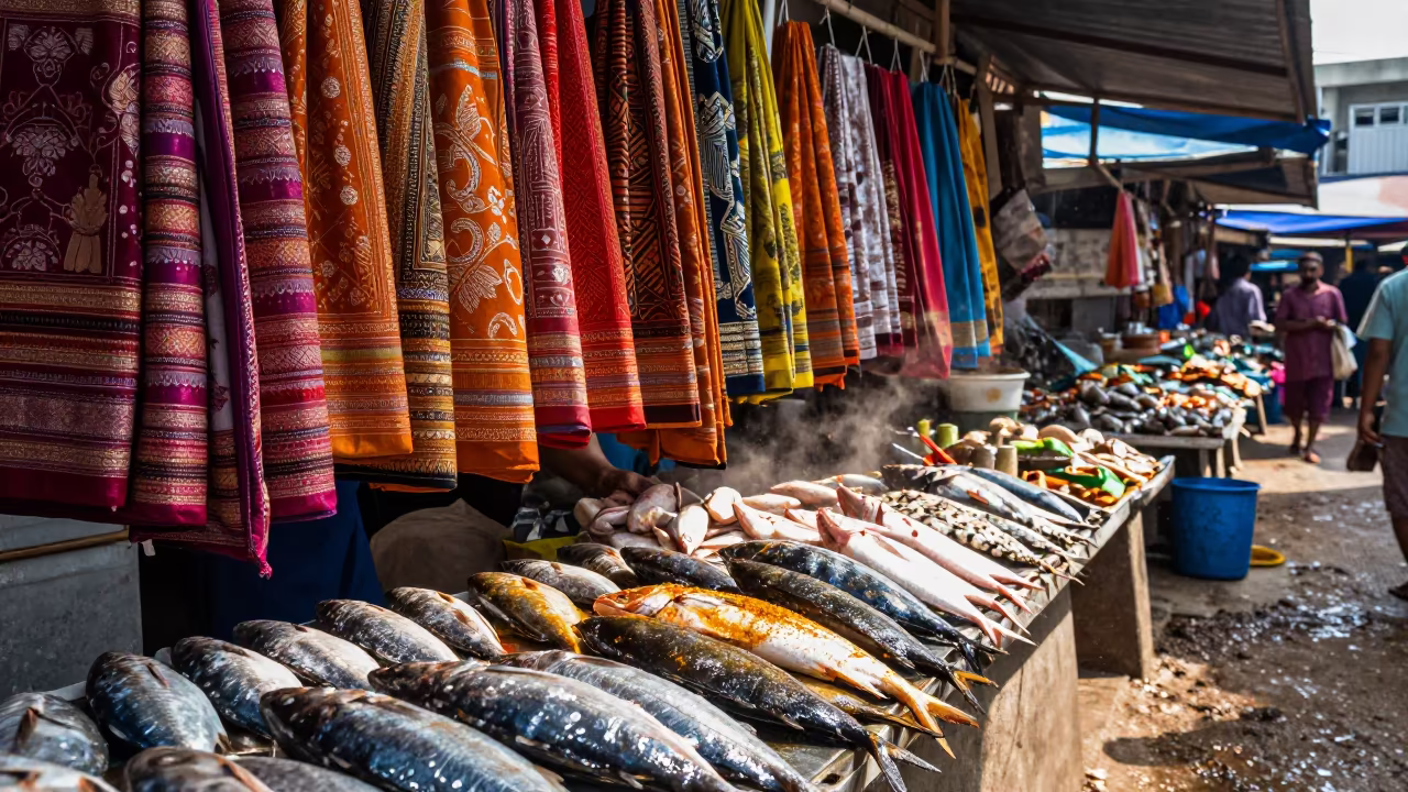 Brocade Bolts Over Fish Counter in Sangli in beside a fish counter in Sangli