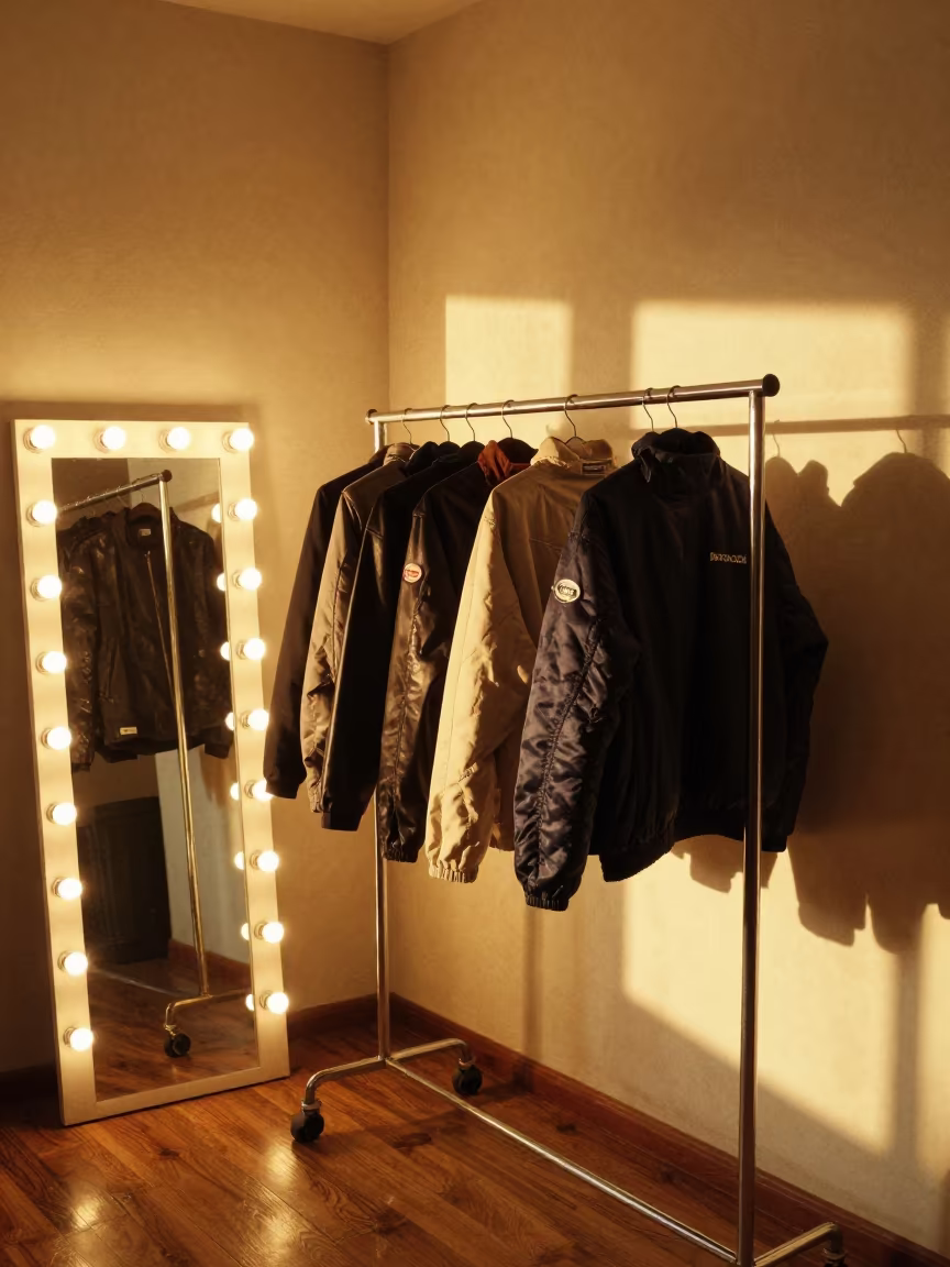 Brocade Jackets Under Amber Tungsten Bulbs in beside a mirror lined with makeup bulbs in Charallave