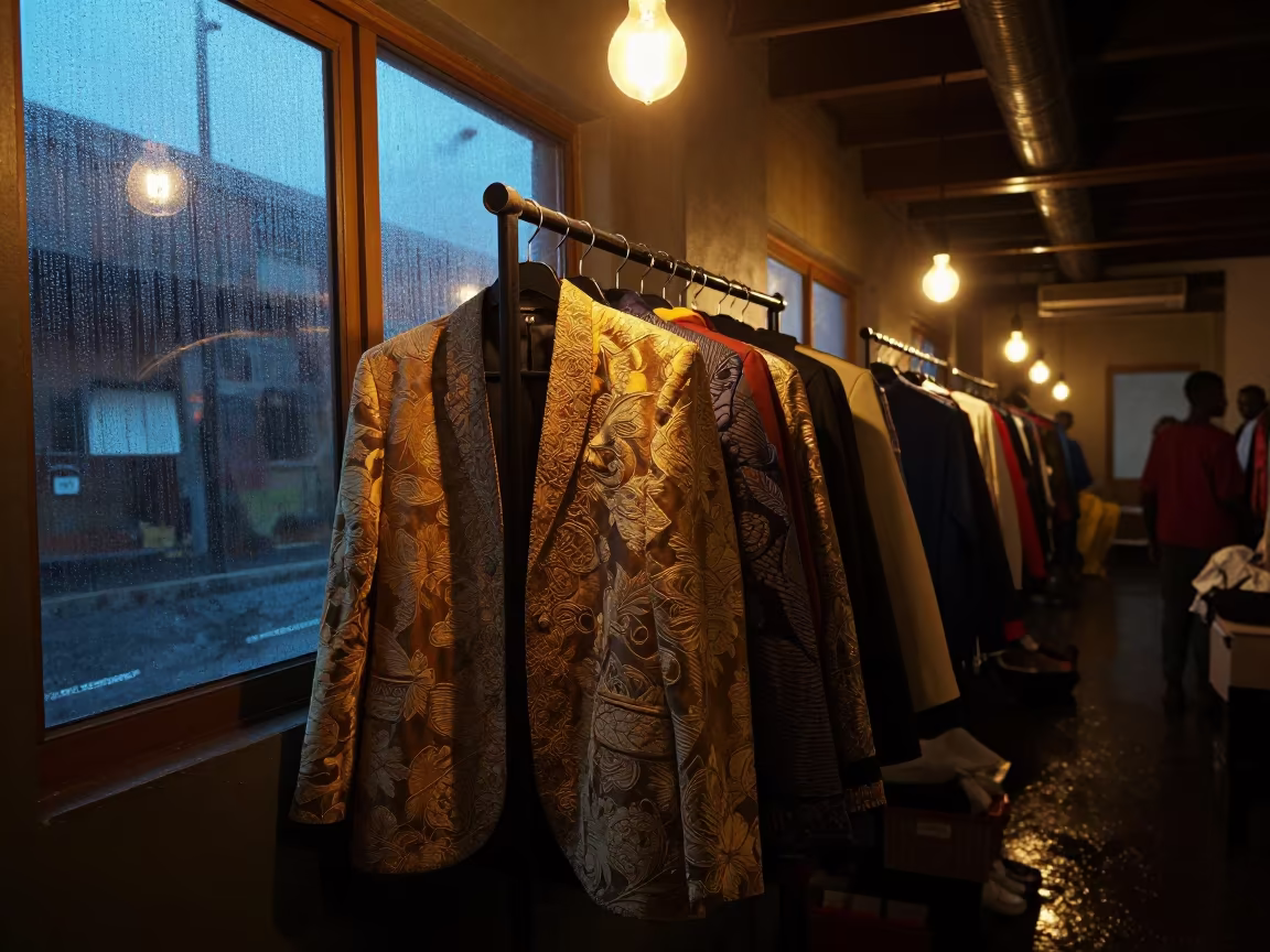 Brocade Jackets on Rack Under Amber Light in in a backstage changing corridor near Lagos