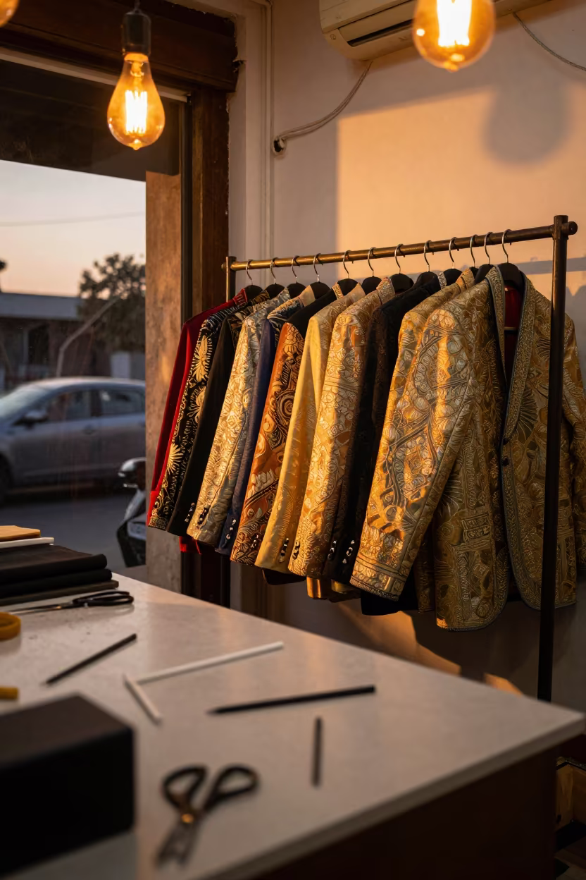 Brocade Jackets on Rack in Amritsar Tailoring Shop in at a tailoring table strewn with chalk and shears near Amritsar