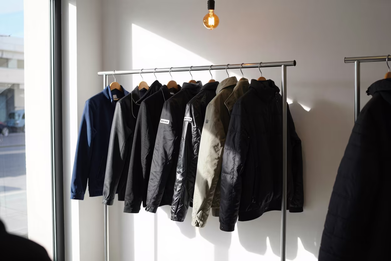 Brocade Jackets on Rack in Moroccan Showroom in inside a minimalist showroom near Kenitra