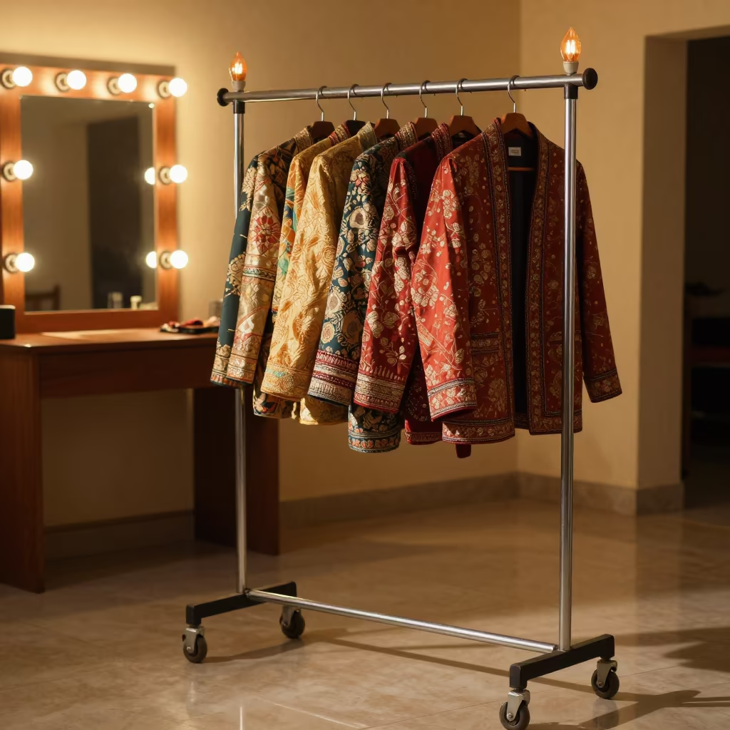 Brocade Jackets on Rack in Nagpur Sunset in beside a mirror lined with makeup bulbs in Nagpur