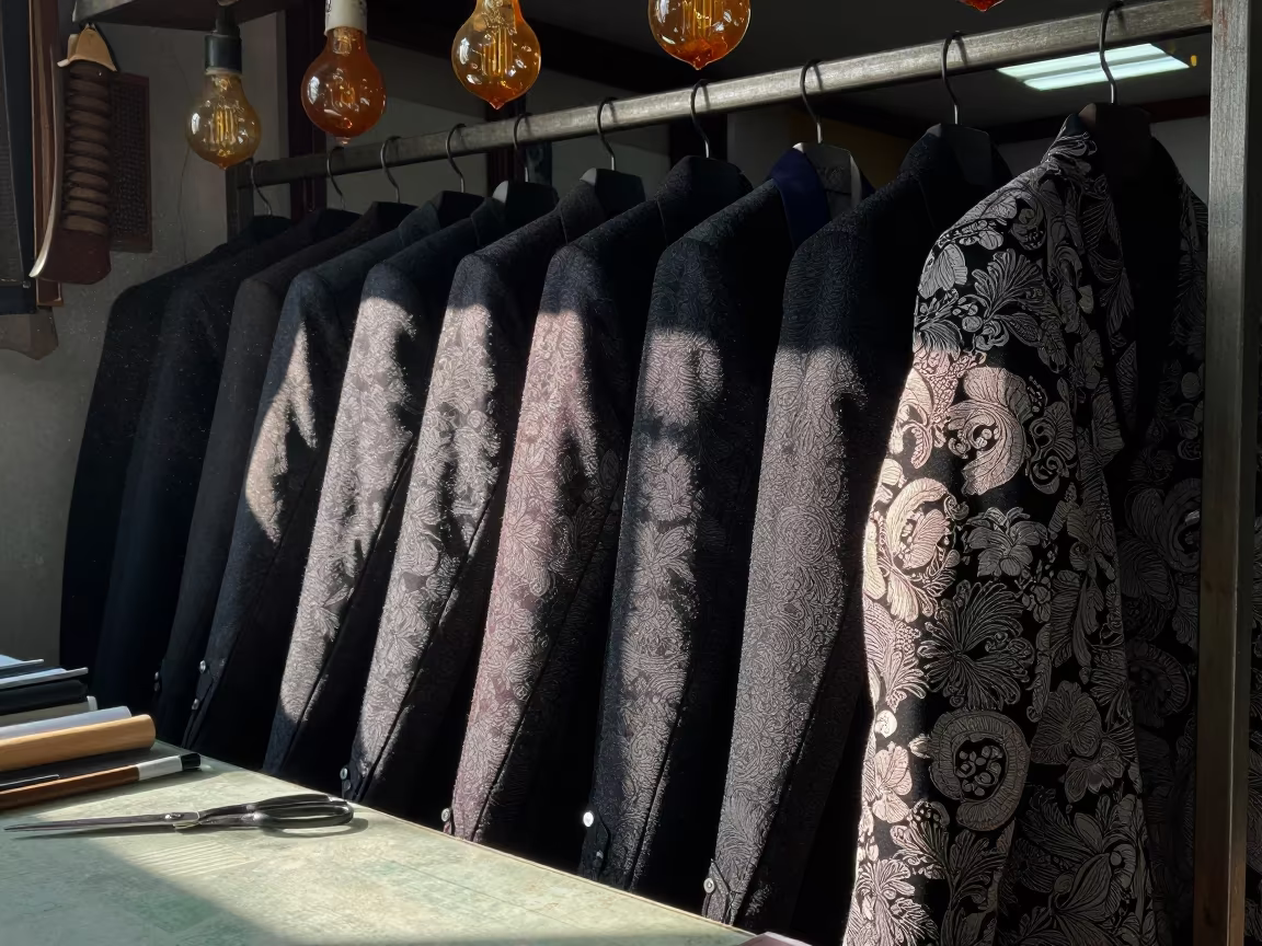 Brocade Jackets on Tailoring Rack Qingdao in at a tailoring table strewn with chalk and shears in Qingdao