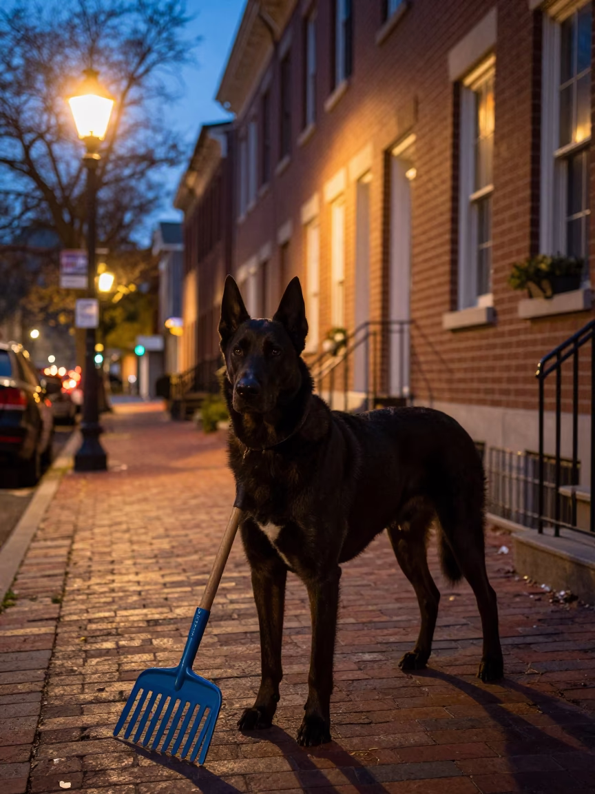 Broholmer Dog and Garden Rake in Philadelphia Street at Dusk in in Philadelphia, Pennsylvania, United States