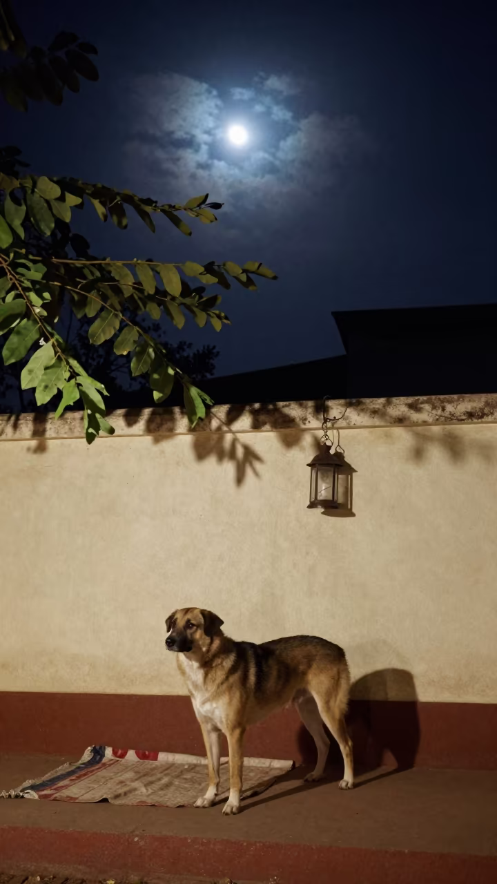 Broholmer Dog on Vijayapura Porch at Night in beside a plain courtyard wall in clear daylight with the animal at eye level near Vijayapura
