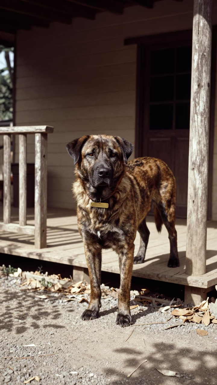 Broholmer Dog Portrait on Shaded Bauchi Porch in on a shaded front porch with boards, railings, and eye-level framing in Bauchi
