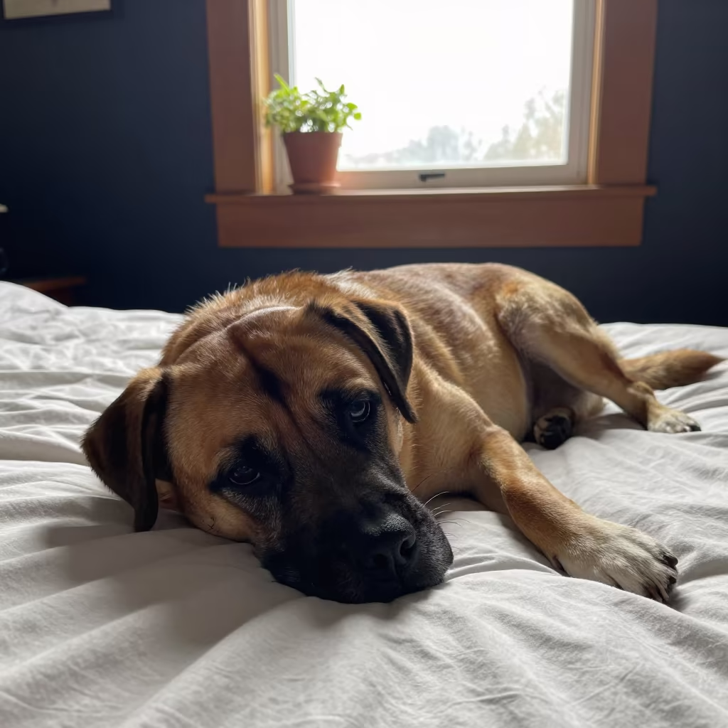 Broholmer Dog Resting on Bedspread in on a bedspread near a bright window with calm indoor light near Newcastle upon Tyne