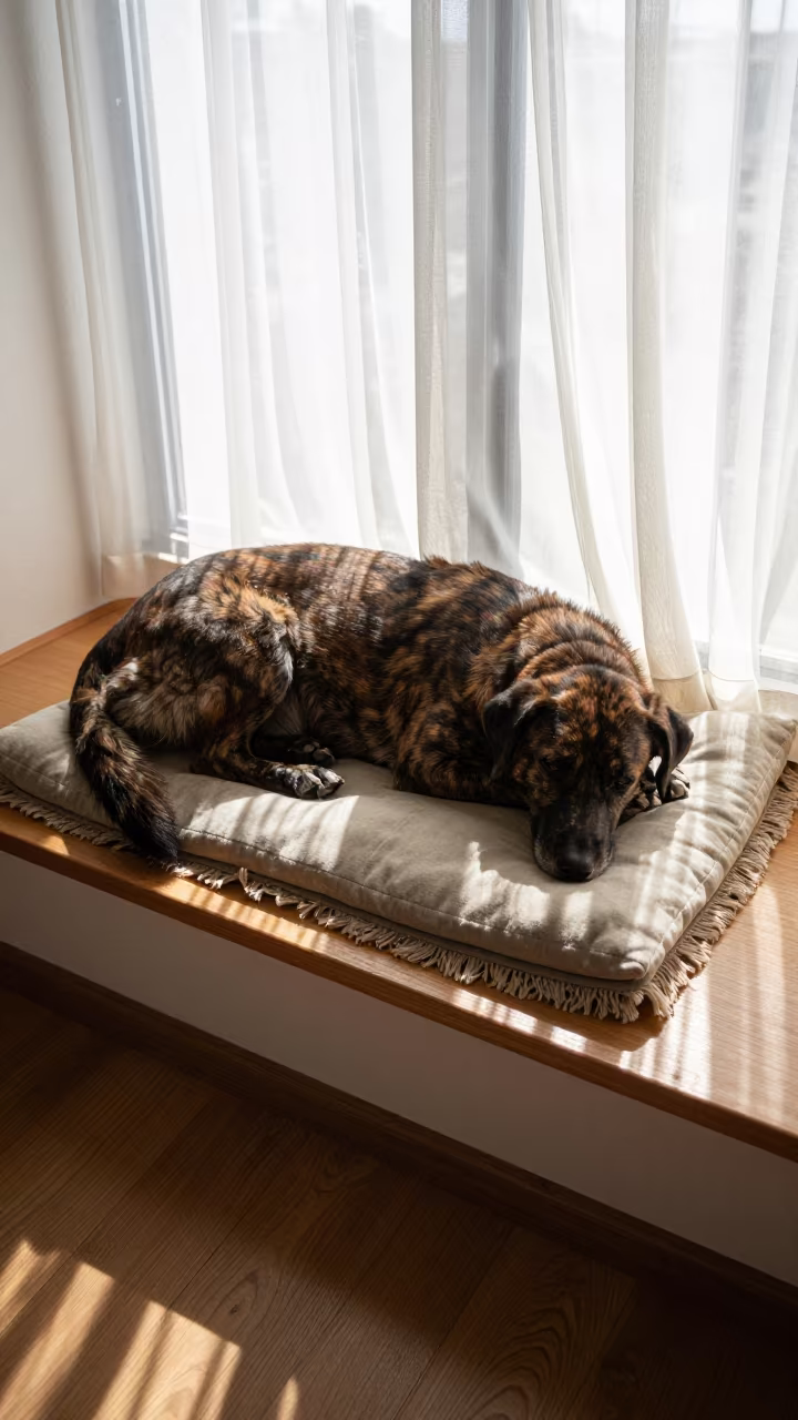 Broholmer Dog Resting on Nagoya Window Seat in on a window seat in a quiet apartment with soft side light in Nagoya