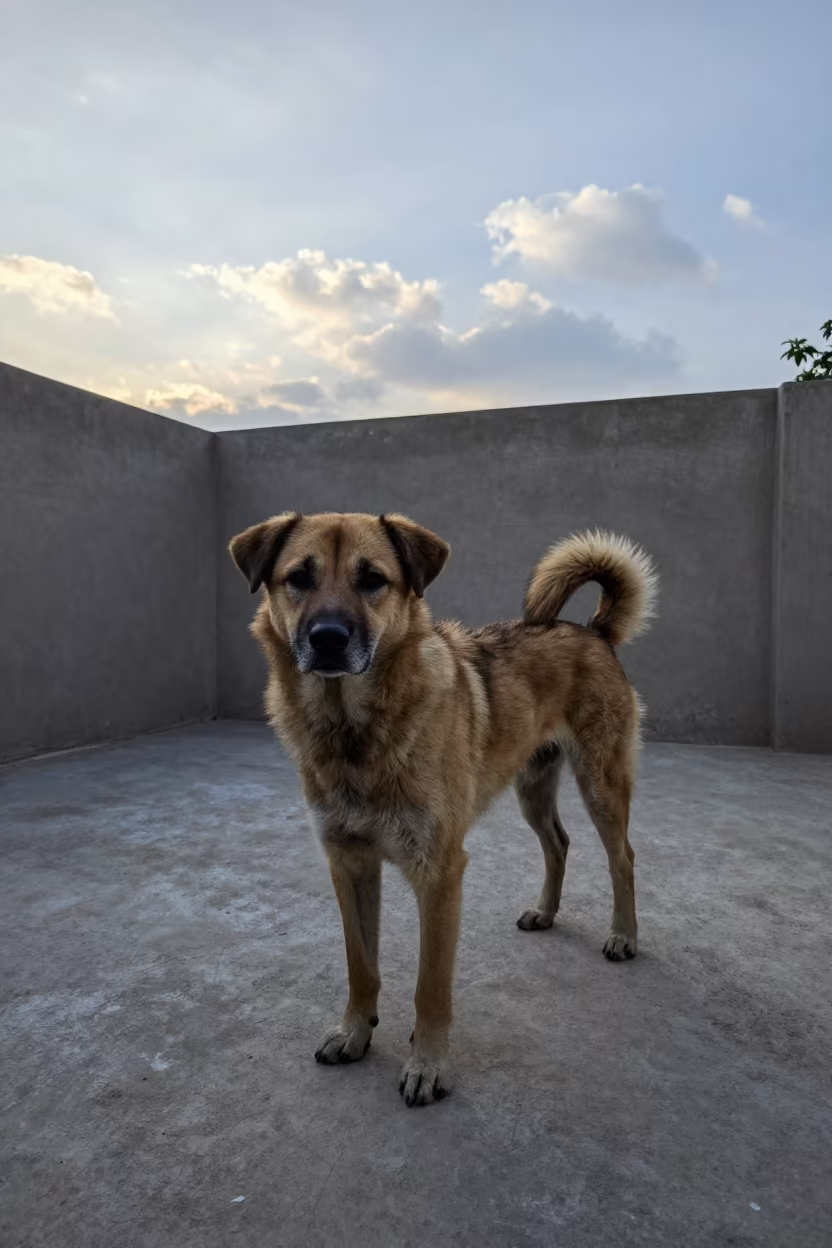 Broholmer Dog Resting on Shaded Porch in Dawn Light in beside a plain courtyard wall in clear daylight with the animal at eye level near Rahim Yar Khan