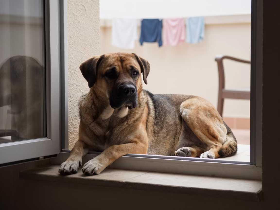 Broholmer Dog Resting on Window Seat in Antalya Apartment in on a window seat in a quiet apartment with soft side light in Antalya