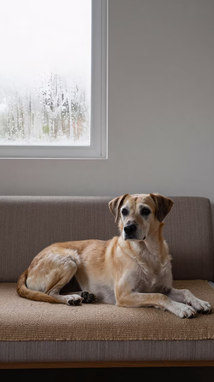 Broholmer Dog Resting on Woven Rug in Latakia Home in on a woven rug beside a low couch and an uncluttered wall in Latakia