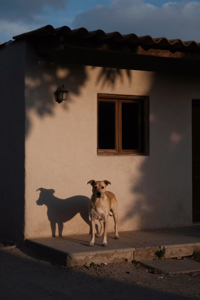 Broholmer on Port Said Porch in Predawn Shadow in beside a plain courtyard wall in clear daylight with the animal at eye level in Port Said