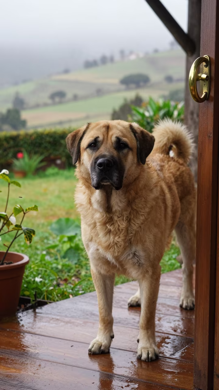Broholmer on Quito Porch in Rainy Season Light in near a garden edge with soft morning light and an uncluttered background near Quito