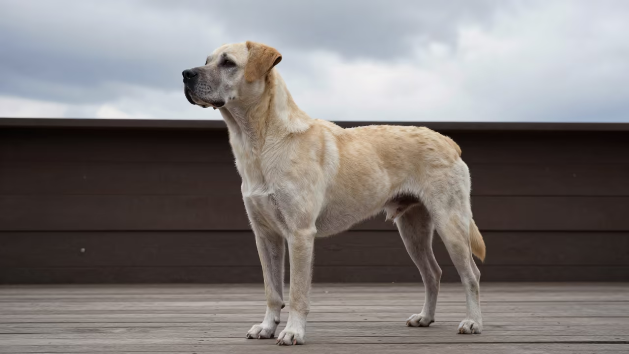 Broholmer on Shaded Porch in Hohhot Late Summer in on a shaded front porch with boards, railings, and eye-level framing in Hohhot