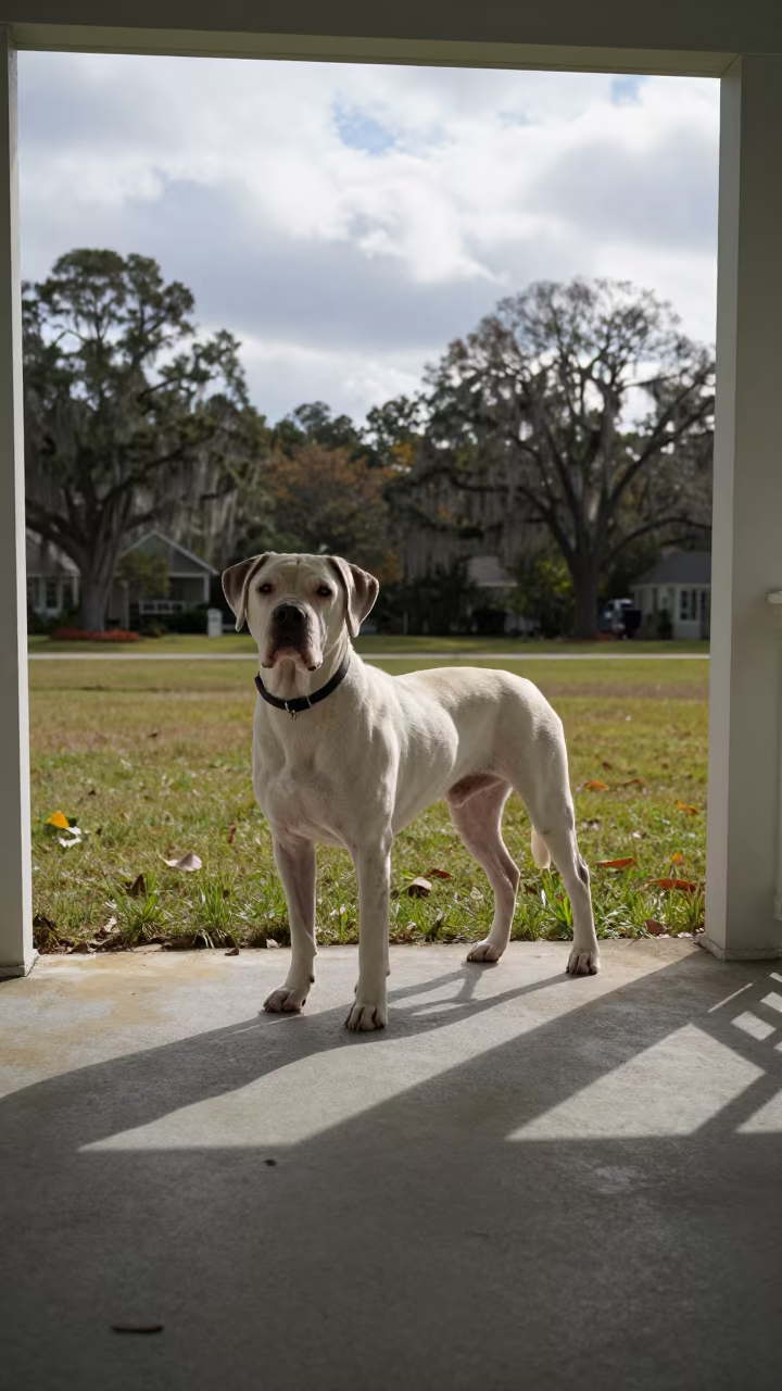 Broholmer on Shaded Porch in Jacksonville Yard in in a small yard with clipped grass, calm light, and the animal centered in frame in Jacksonville