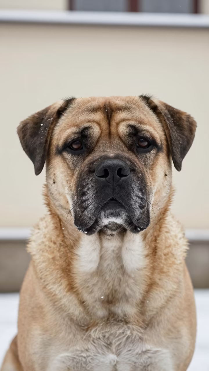 Broholmer Portrait by Miskolc Wall in Winter Light in beside a plain courtyard wall in clear daylight with the animal at eye level near Miskolc