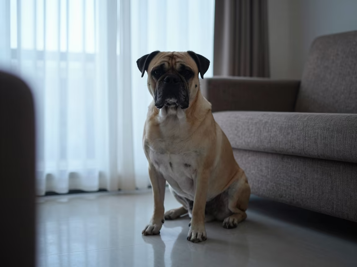 Broholmer Portrait in Dawn Light Ahmedabad Sofa in on a sofa near a curtained window with calm indoor light near Ahmedabad