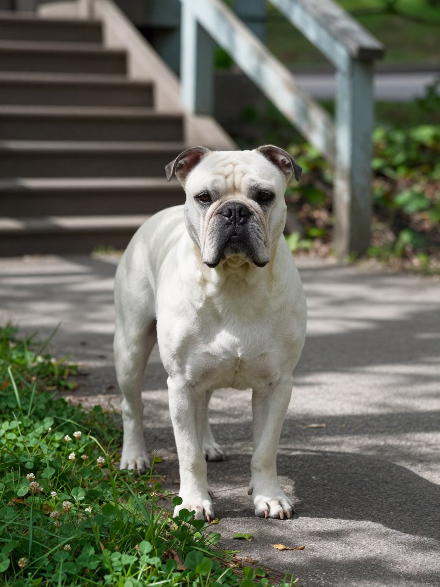 Broholmer Portrait on Quiet Park Path in Hamilton in along a quiet park path with soft open shade and a clean background in Hamilton