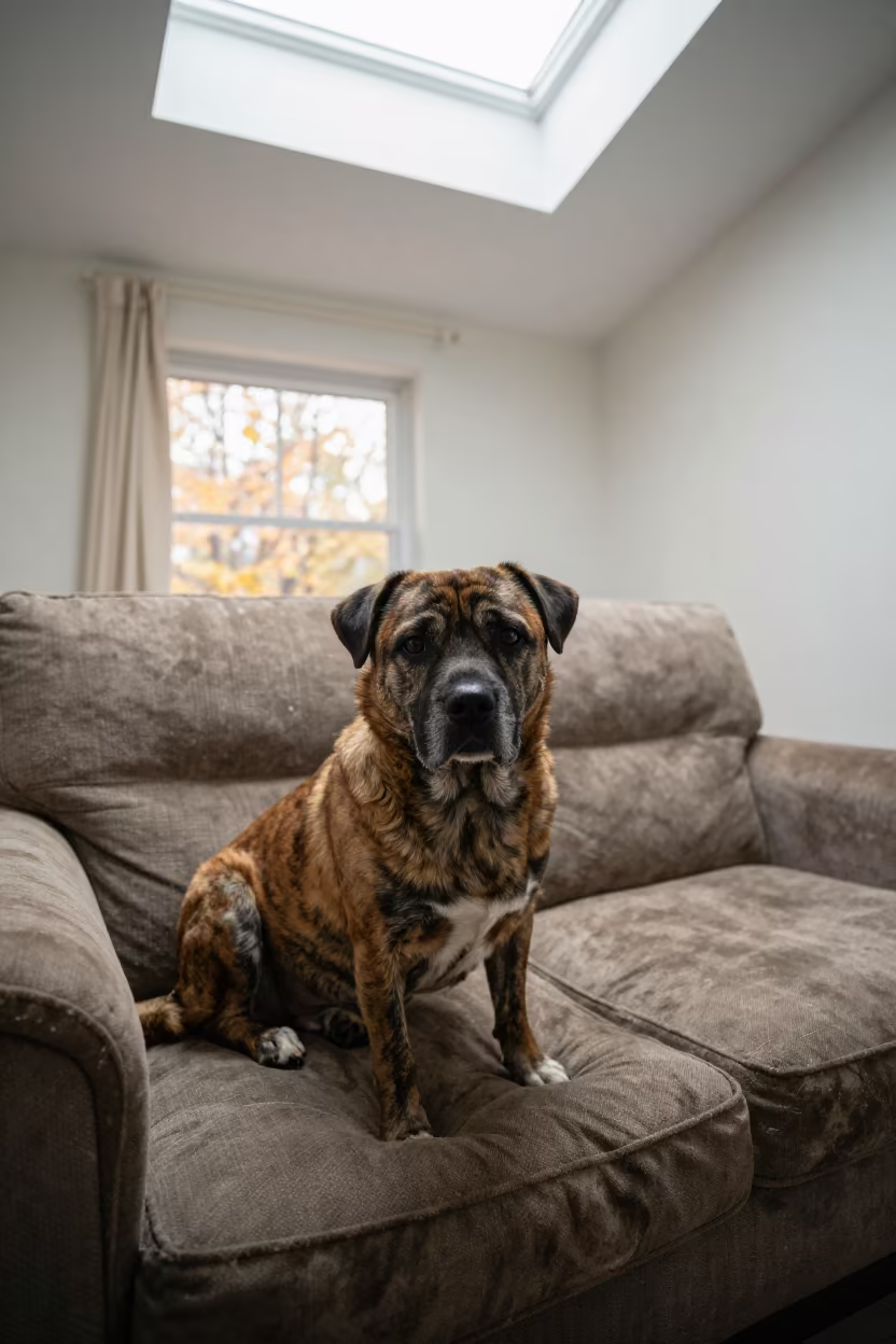 Broholmer Portrait on Sofa Near Window in on a sofa near a curtained window with calm indoor light in Taiyuan