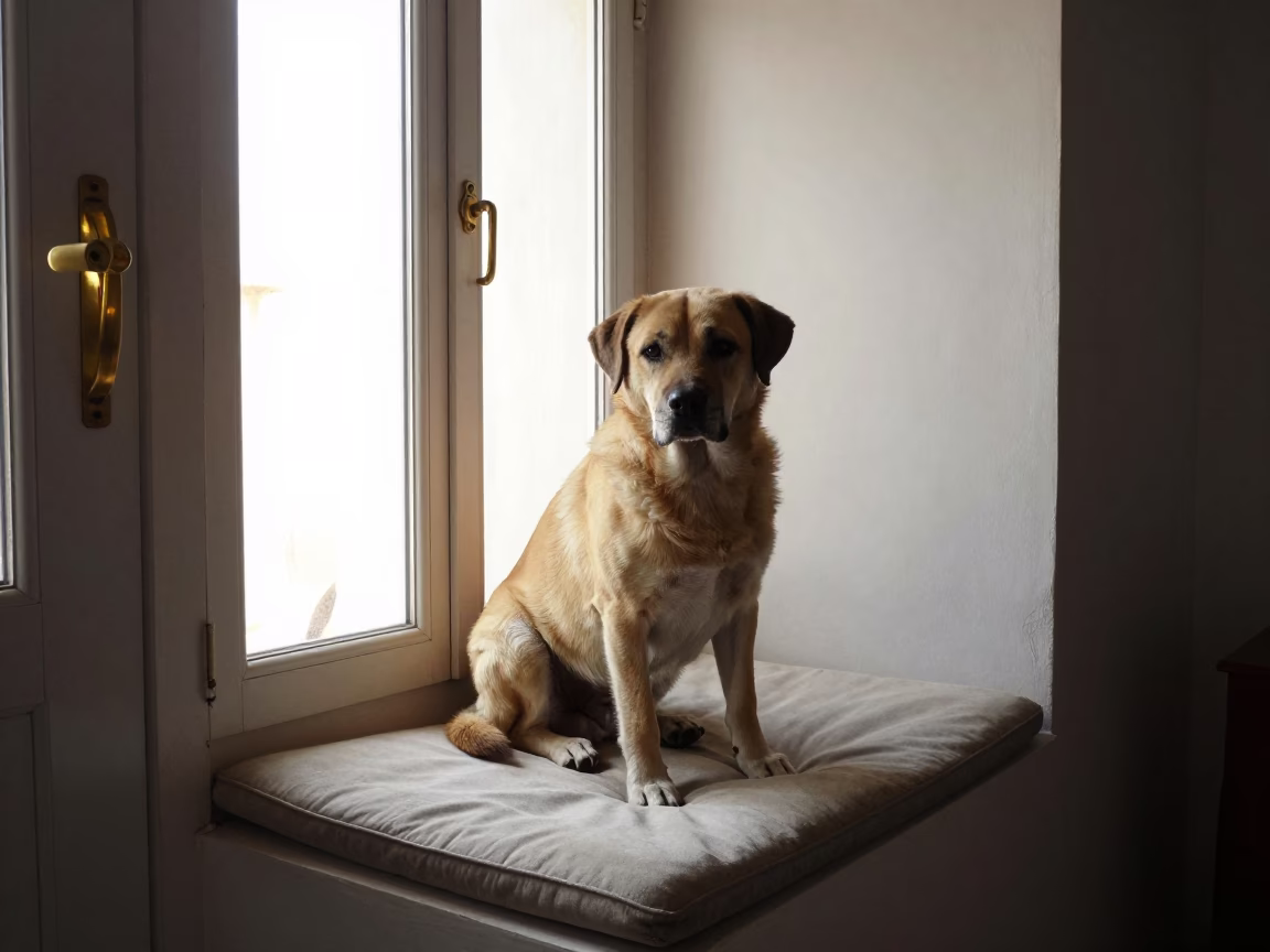 Broholmer Portrait on Window Seat in Jalandhar in on a cushioned window seat with soft side light and an uncluttered background in Jalandhar
