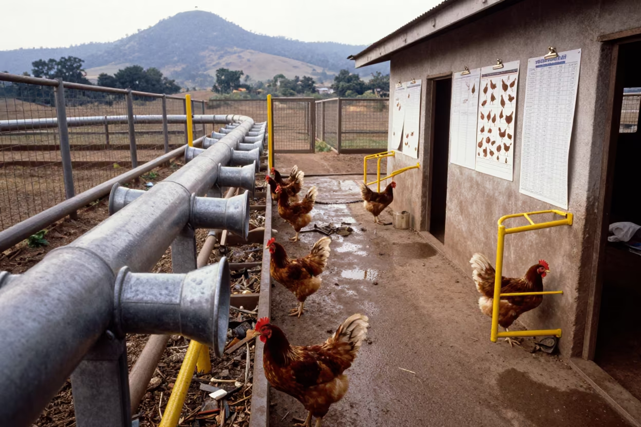 Broiler Chickens Feed Augers Uganda Late Afternoon in along a feedlot lane in Uganda