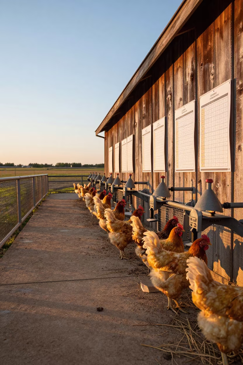 Broiler Chickens in North Dakota Summer Evening Light in inside a ranch corral in North Dakota