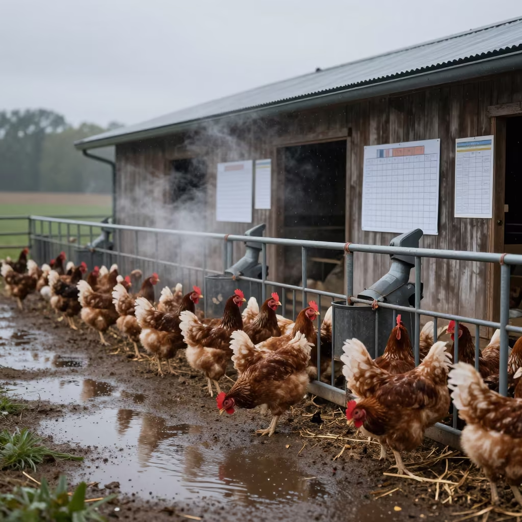 Broiler Chickens in Rainy Indiana Corral in inside a ranch corral in Indiana