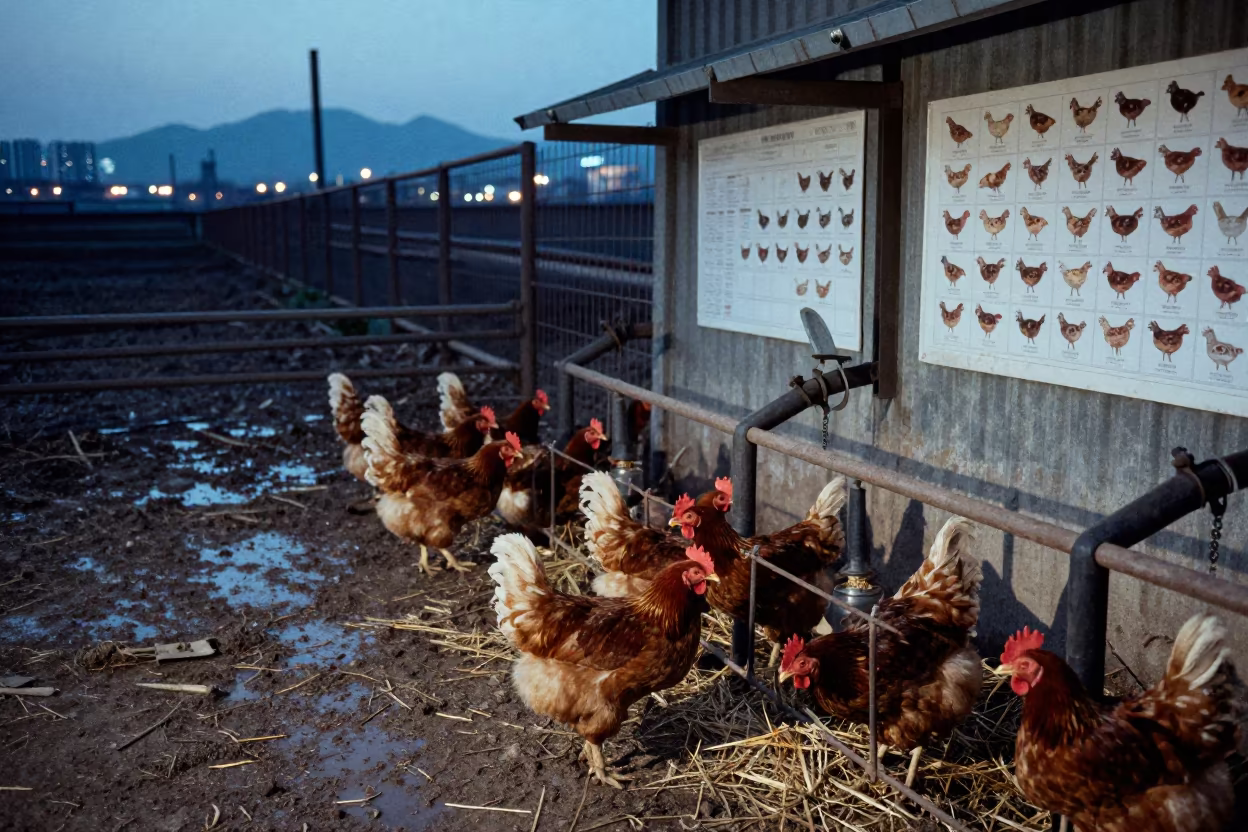 Broiler Chickens South Korea Spring Twilight in along a muddy paddock fence in South Korea