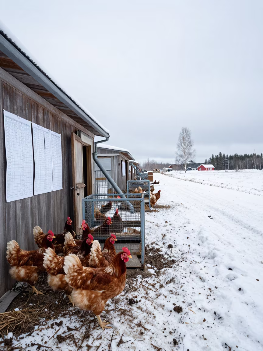 Broiler Chickens in Winter Finland Snow in along a muddy paddock fence in Finland