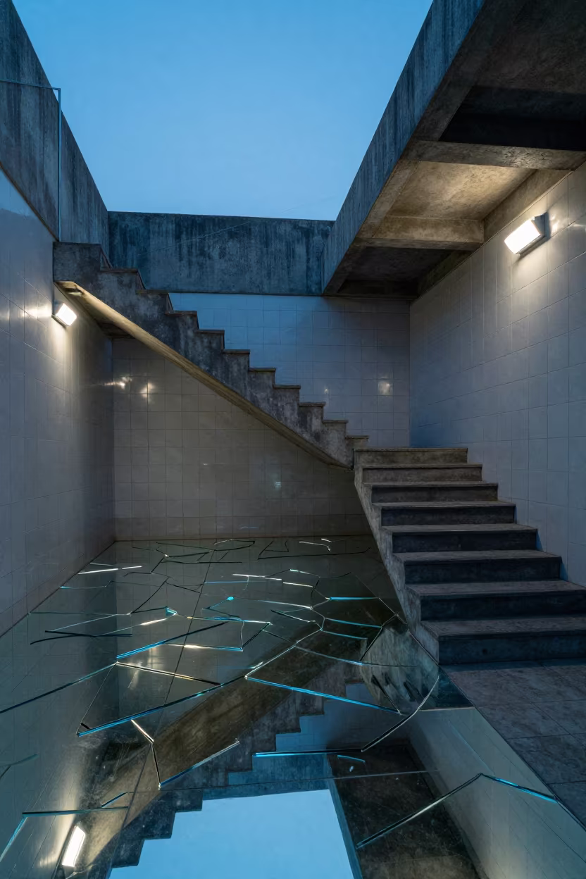 Broken Mirror Kaleidoscope Sky Reflection Staircase in inside a tiled stair hall near Godavarikhani