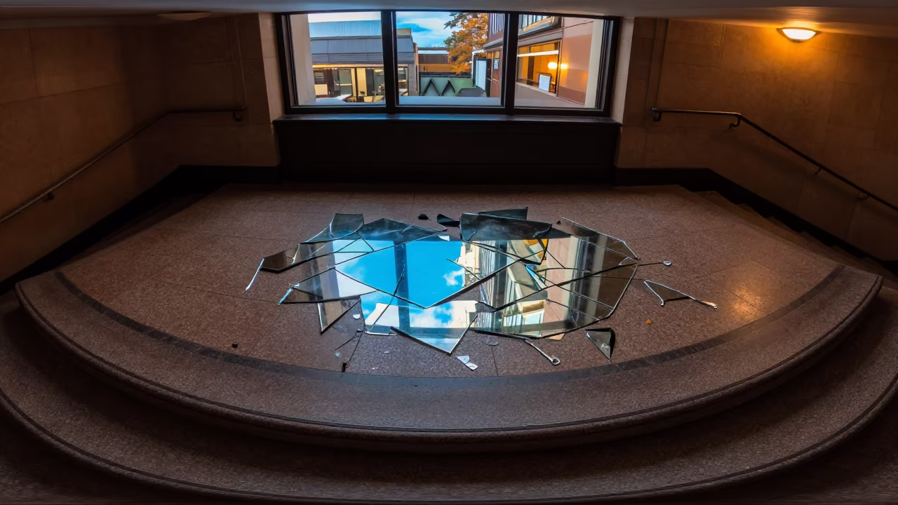 Broken Mirror Sky Reflection in Sydney Stair Hall in inside a tiled stair hall near Manly, Sydney