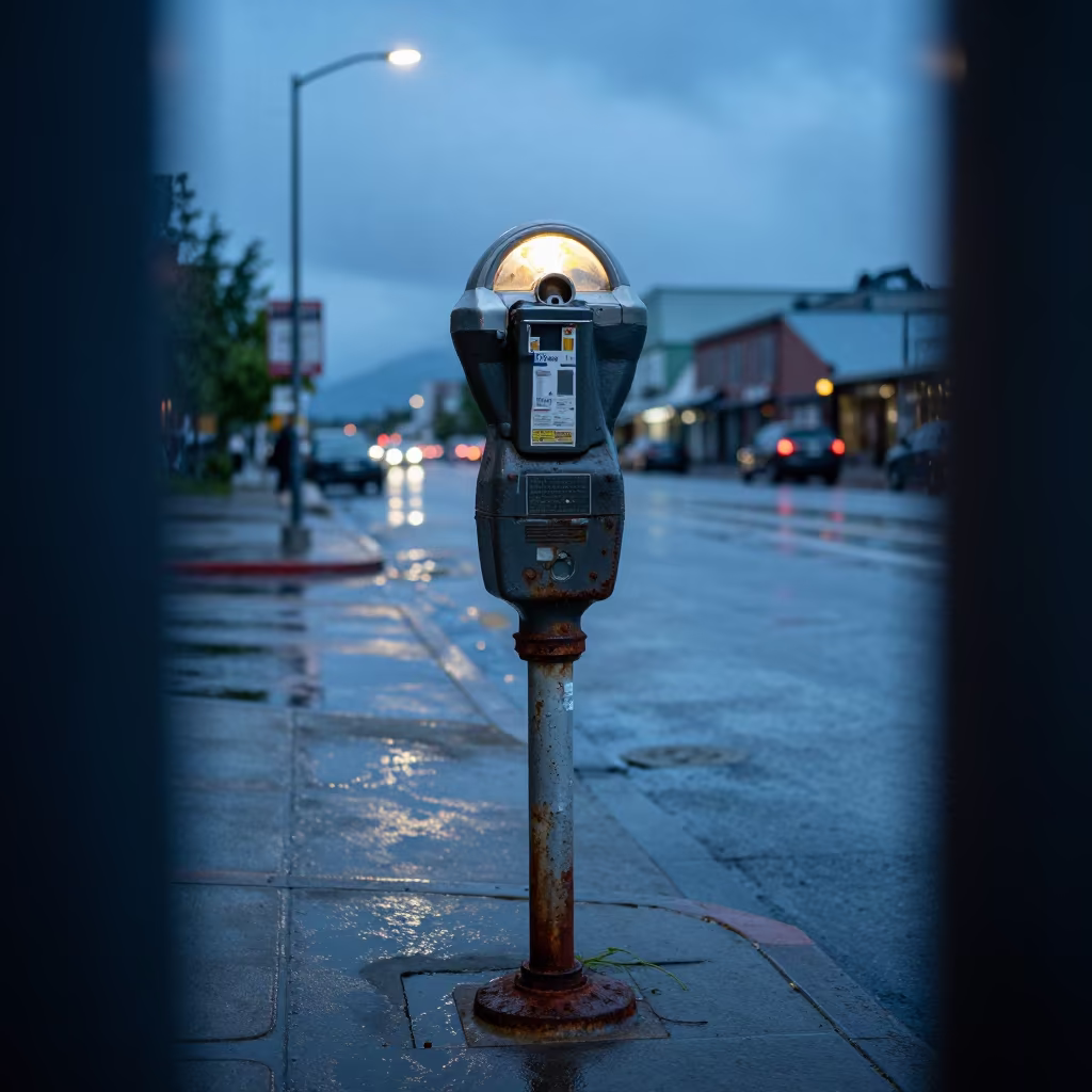 Broken Parking Meter in Anchorage Rain in along a market-lined side street in Anchorage